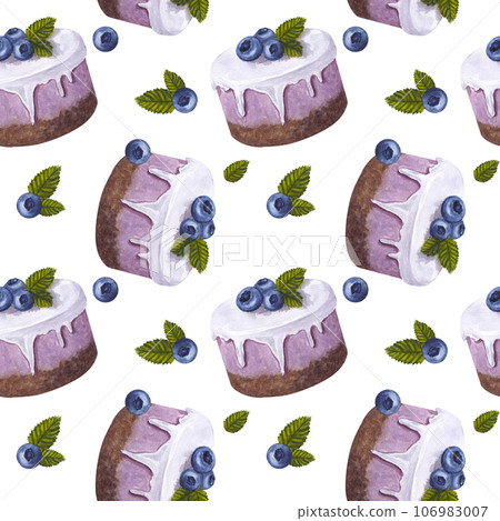 Seamless endless pattern cupcake with blueberries. Dessert cake in glaze. Mint leaves. Hand-drawn watercolor illustration isolated on white background. For packaging, fabric, wallpaper Seamless endless pattern cupcake with blueberries. Dessert cake in glaze. Mint leaves. Hand-drawn watercolor illustration isolated on white background. For packaging, fabric, wallpaper 106983007