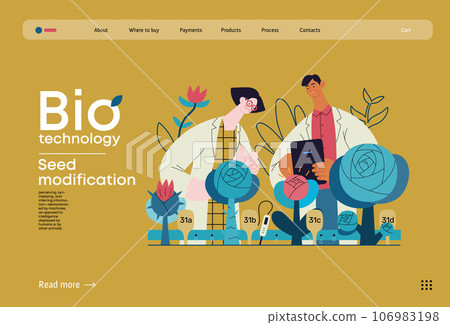 Bio Technology, Seed Modification -modern flat vector concept illustration of scientists analysing genetic modificated variants of a plant. Metaphor of direct impact of GMO on vegetation 106983198