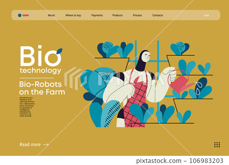 Bio Technology, Robot on farm -modern flat vector concept illustration of bio-robot engaged in agricultural activities. Metaphor of robotics and biotechnology integration, efficiency, sustainability 106983203