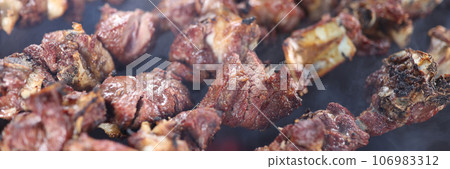 Close-up of several skewers with grilled juicy meat in smoke. 106983312