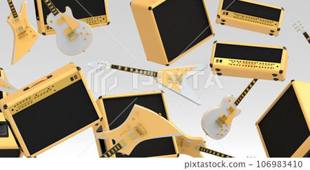 Many of flying acoustic guitars, drums, cymbal or drumset and amplifier on white Many of flying acoustic guitars, drums, cymbal or drumset and amplifier on white 106983410