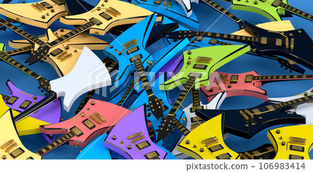 Heap of electric guitars isolated on blue background. Heap of electric guitars isolated on blue background. 106983414