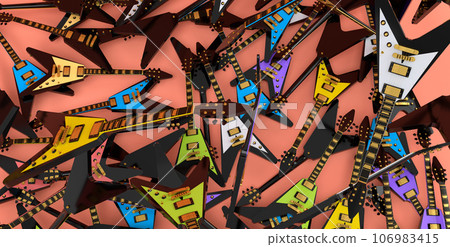 Heap of electric guitars isolated on orange background. Heap of electric guitars isolated on orange background. 106983415