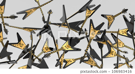 Many of flying acoustic guitars isolated on white background. Many of flying acoustic guitars isolated on white background. 106983416