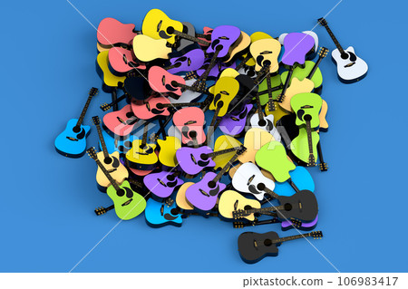 Heap of flying acoustic guitars isolated on blue background. Heap of flying acoustic guitars isolated on blue background. 106983417