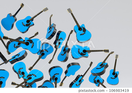Many of flying acoustic guitars isolated on white background. Many of flying acoustic guitars isolated on white background. 106983419