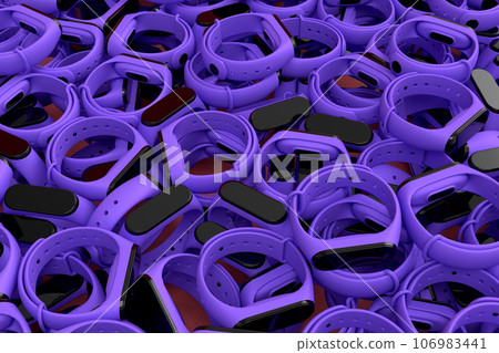 Pile of sport equipment like fitness tracker or smart watch on red background 106983441