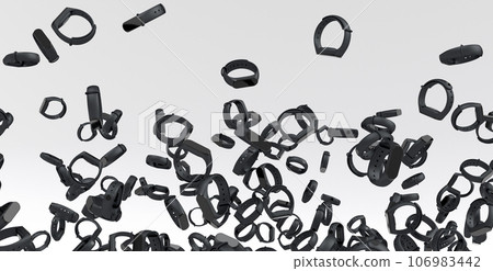 Flying and folling sport equipment like fitness tracker or smart watch on white 106983442