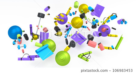 Flying and folling sport equipment like kettlebell, fitness ball and yoga mat Flying and folling sport equipment like kettlebell, fitness ball and yoga mat 106983453