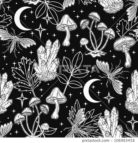 Pattern with crescent moon with face, stars, night butterfly, moth, flowers and star dust. Mythological faitytale, mystical concept. For clothing, apparel, T-shirts, kids design 106983458