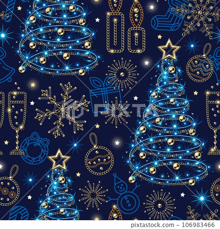 Seamless pattern with christmas tree, festive garland, blue lights, stars, sparkles, snowflakes made of jewelry gold chains. Outline icon of chrystmas symbols behind. 106983466