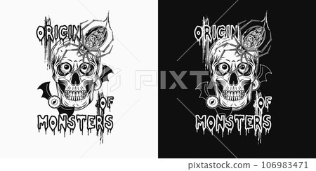 Halloween black and white emblem with flying eye monsters, skull with eyeballs, robot spider, smeared text Origin of monsters. Freaky, creepy, spooky illustration. Halloween black and white emblem with flying eye monsters, skull with eyeballs, robot spider, smeared text Origin of monsters. Freaky, creepy, spooky illustration. 106983471