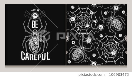 Set of halloween pattern, label with monsters, spider web, metallic robot spider catching flying eye monster with bat wings. Text Be Careful. Surreal vector illustration in steampunk style 106983473