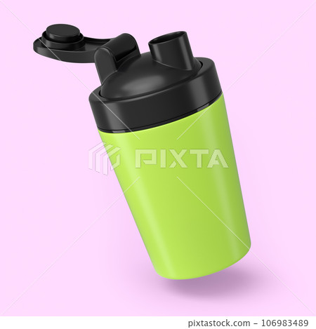Green plastic sport shaker for protein drink isolated on pink background. 106983489
