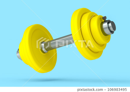 Metal dumbbell with yellow disks isolated on blue background 106983495