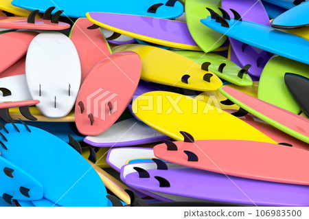 Pile of surfboard for summer surfing isolated on multicolor background. 106983500