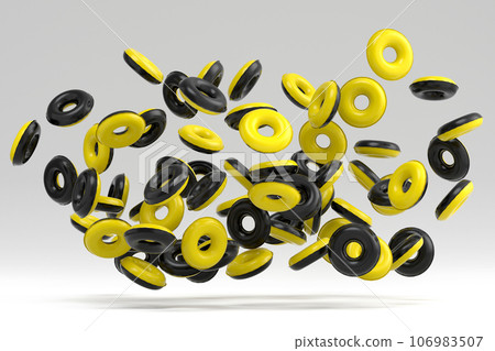 Many of flying inflatable ring for swimming pool isolated on white background 106983507