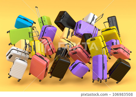 Many of flying suitcase or baggages isolated on yellow background. 106983508