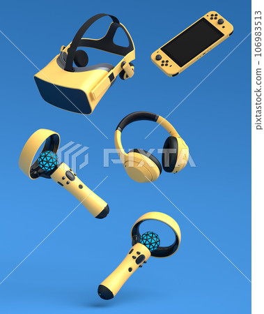 Top view gamer gears like joystick, controllers, headphones and VR glasses 106983513