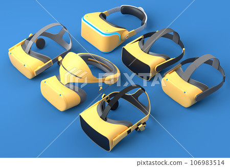 Top view virtual reality glasses for online gaming on blue background Top view virtual reality glasses for online gaming on blue background 106983514