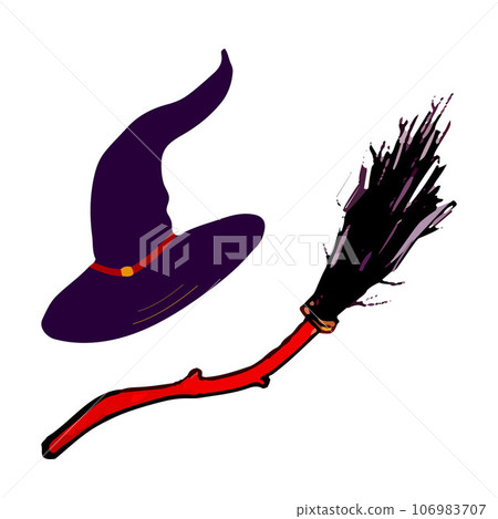 Vector attributes of a witch hat and broom. Halloween Magical, occult objects of witchcraft. 106983707