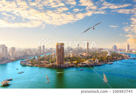 Rare panorama of Gezira island, famous view on the Nile in the center of Cairo, Egypt 106983745