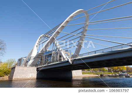Lazarevsky Bridge on a sunny day. A cable-stayed bridge Lazarevsky Bridge on a sunny day. A cable-stayed bridge 106983797