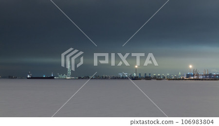 Cityscape of Saint-Petersburg, industrial port panoramic photo 106983804