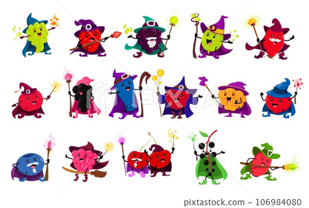 Cartoon berry wizard, magician or mage characters, vector funny strawberry and cherry sorcerers. Cute blueberry mage with blackberry magician, raspberry and grape witch hat with magic wand and potion Cartoon berry wizard, magician or mage characters, vector funny strawberry and cherry sorcerers. Cute blueberry mage with blackberry magician, raspberry and grape witch hat with magic wand and potion 106984080