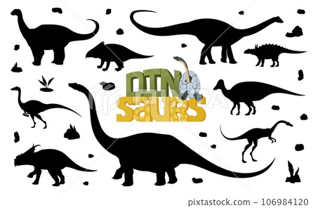 Cartoon dinosaur silhouettes of jurassic dino animals. Vector black shadows of elmisaurus, jaxartosaurus and garudimimus, magyarosaurus, protoceratops, quaesitosaurus and struthiosaurus monsters 106984120