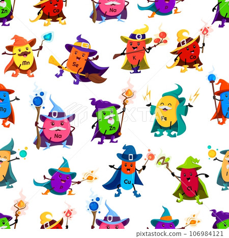 Cartoon mineral wizard or mage characters seamless pattern. Vector tile background with food supplements capsules Zn, Ca, Mn And Se, Na, K, Fe, Cu, P, Cl or I, wiz and sorcerer personages with wands Cartoon mineral wizard or mage characters seamless pattern. Vector tile background with food supplements capsules Zn, Ca, Mn And Se, Na, K, Fe, Cu, P, Cl or I, wiz and sorcerer personages with wands 106984121