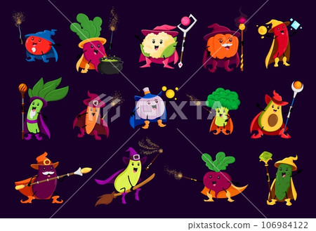 Cartoon halloween vegetable wizard, witch and mage characters. Vector tomato, radish, cauliflower and pumpkin. Red chili pepper, spinach, carrot and garlic with broccoli or avocado, squash and beet 106984122
