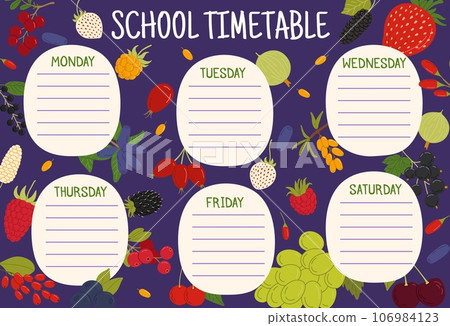 Education timetable schedule with forest and garden ripe berries. School vector lesson planner template with grapes, blackberry, mulberry, strawberry and cloudberry. Black currant, birds cherry Education timetable schedule with forest and garden ripe berries. School vector lesson planner template with grapes, blackberry, mulberry, strawberry and cloudberry. Black currant, birds cherry 106984123