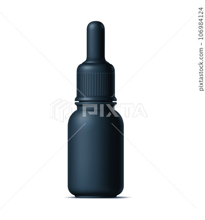 Realistic black cosmetics bottle, tube and plastic container. Isolated 3d vector mockup of the flask with a pipette or dropper for controlled and easy oil or serum beauty product dispensing Realistic black cosmetics bottle, tube and plastic container. Isolated 3d vector mockup of the flask with a pipette or dropper for controlled and easy oil or serum beauty product dispensing 106984124