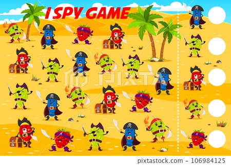 I spy game worksheet with cartoon berry pirates and corsairs on island. Kids vector riddle, count how many honeyberry, gooseberry, barberry, grape and strawberry filibuster characters children test I spy game worksheet with cartoon berry pirates and corsairs on island. Kids vector riddle, count how many honeyberry, gooseberry, barberry, grape and strawberry filibuster characters children test 106984125