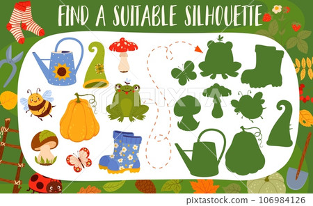 Find a suitable of autumn leaves, animals, plants and gnome garden tools. Kid quiz with similarity search task, shadow match game vector worksheet with watering can, pumpkin, boot, mushroom, bumblebee 106984126