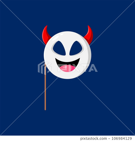 Cartoon halloween devil photo booth mask with props, featuring sinister red horns, fiery eyes, and a wicked grin, adds an eerie touch to costume. Isolated vector disguise for a devilishly good time Cartoon halloween devil photo booth mask with props, featuring sinister red horns, fiery eyes, and a wicked grin, adds an eerie touch to costume. Isolated vector disguise for a devilishly good time 106984129