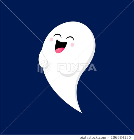 Cartoon Halloween kawaii ghost character laughing with cheerful face expression, and wide open mouth. Isolated cute vector baby spook, white phantom personage captures festive spirit of the season 106984130