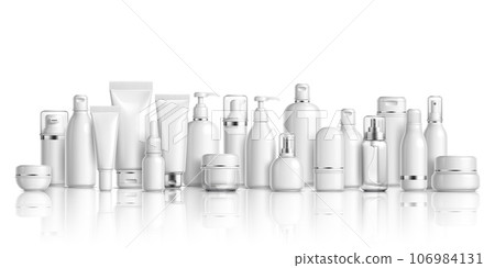 Beauty cosmetics product white package containers mockup. Realistic 3d vector plastic cream jars, bottle, tubes, deodorant and pump or sprayer packs presentation on glossy surface with reflection Beauty cosmetics product white package containers mockup. Realistic 3d vector plastic cream jars, bottle, tubes, deodorant and pump or sprayer packs presentation on glossy surface with reflection 106984131