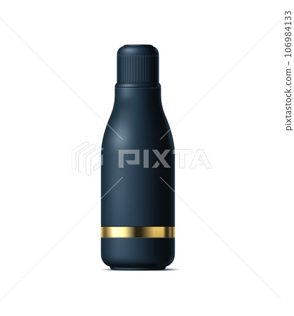 Realistic black cosmetics bottle, tube and plastic container. Stylish pack for beauty routine. Isolated 3d vector pack mockup for storing makeup essentials. Flask with a screw-on lid and gold detail Realistic black cosmetics bottle, tube and plastic container. Stylish pack for beauty routine. Isolated 3d vector pack mockup for storing makeup essentials. Flask with a screw-on lid and gold detail 106984133