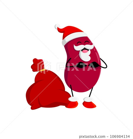 Cartoon Christmas red bean character with gifts bag. Isolated vector xmas Santa or Father Noel kidney personage deliver presents, spreading festive spirit and joy. Healthy protein kernel St Nicholas 106984134