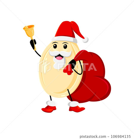 Cartoon Christmas pumpkin seed character rings a bell. Isolated vector vegetable kernel, protein food personage wearing Santa Claus hat and gifts bag joyfully knolling, celebrating Xmas holiday eve 106984135