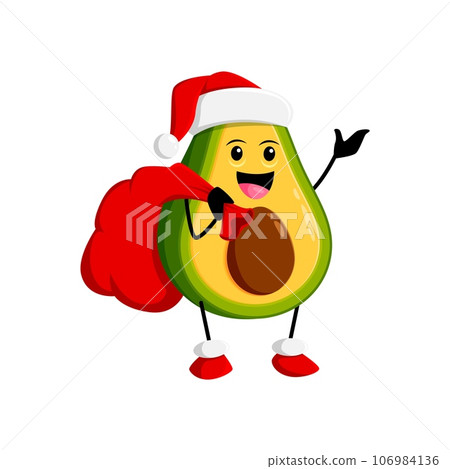 Cartoon Christmas mexican avocado Santa character with gifts bag. Isolated vector Xmas Father Noel tropical fruit or vegetable personage. Saint Nicholas deliver presents and spreading festive joy Cartoon Christmas mexican avocado Santa character with gifts bag. Isolated vector Xmas Father Noel tropical fruit or vegetable personage. Saint Nicholas deliver presents and spreading festive joy 106984136