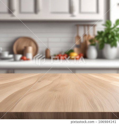 Wood table top on blur kitchen room background 106984141