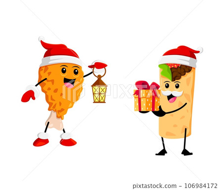 Cartoon fast food chicken leg and burrito Christmas character in red Santa hats. New Year holiday or Christmas celebration vector funny personages of fast food meals with holiday gift and lantern 106984172