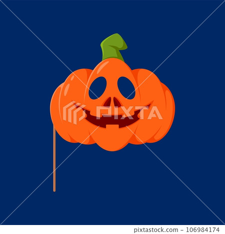 Cartoon Halloween photo booth pumpkin mask with props. Isolated vector whimsical carnival item, features a grinning jack-o-lantern face, adding a festive and spooky touch to costumes or snapshots 106984174