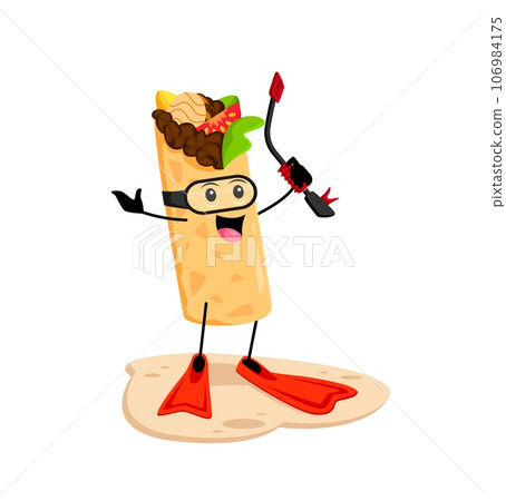 Cartoon fast food burrito character with scuba mask and fins. Street restaurant meal cute personage, Mexican takeaway fast food cafe burrito isolated vector menu funny mascot diving on summer vacation 106984175