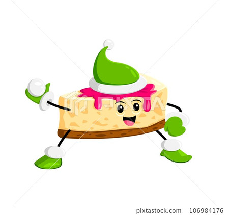 Cartoon fast food cheesecake Christmas character playing snowballs. Christmas or happy New Year holiday celebration, winter holidays vector funny personage of sweet dessert, cheesecake in elf hat 106984176