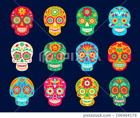 Mexican sugar calavera skulls for Dia de Los Muertos Mexican holiday, vector decorations. Day of Dead fiesta celebration symbols of calavera skull with Mexico ethnic floral ornament or huichol pattern 106984178