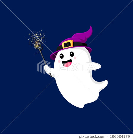 Cartoon Halloween kawaii ghost character donning a charming witch hat and casting spell with the wand. Adorable vector spirit wizard personage exuding delightful mix of magic, spookiness and cuteness 106984179